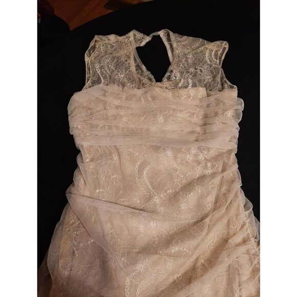 Large bebe Cream Ivory Lace Ruch Mini Dress Sleeveless Prom Wedding Party Dress - Picture 2 of 6